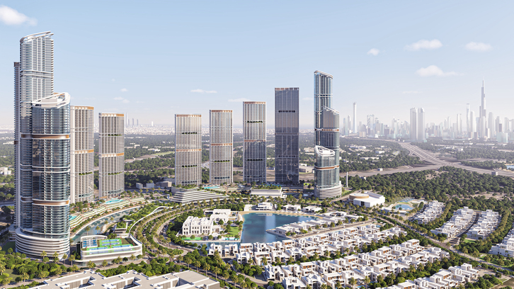 Een uniek wolkenkrabberwooncomplex met luxe appartementen en villa's aan de rand van het centrum van Dubai