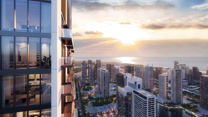 Moderne appartementen en penthouses in een wolkenkrabberresidentie in Dubai met uitzicht op zee