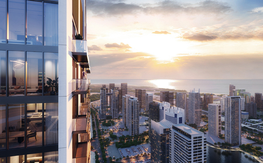 Moderne appartementen en penthouses in een wolkenkrabberresidentie in Dubai met uitzicht op zee